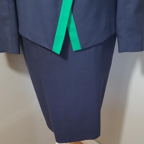 SM Wool Skirt Set Tailored Pencil Vintage Navy Green Trim - Picture 5 of 17